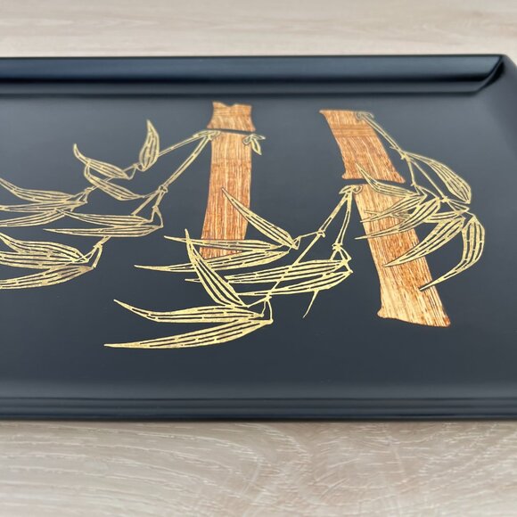 Vintage Couroc Monterey MCM Inlaid Brass Teak Wood Bamboo Rectangle Serving Tray - Picture 3 of 16